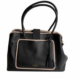 Kate Spade Evangeline Leather Tote Bag Black with Cream Trim and Tassel